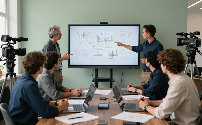 Behind-the-scenes shot of a collaborative meeting in a bright office. A team is discussing content on a large screen surrounded by sketches and cameras. The palette features dark navy furniture and parchment green walls, emphasizing a professional yet relaxed creative process.