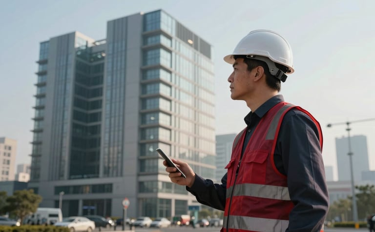 A professional photo of an engineer wearing a safety vest with deep carmine red accents, inspecting the accessibility features of a large modern building. The background shows the scale of the grand architectural project under a clear sky. The mood is focused and authoritative.