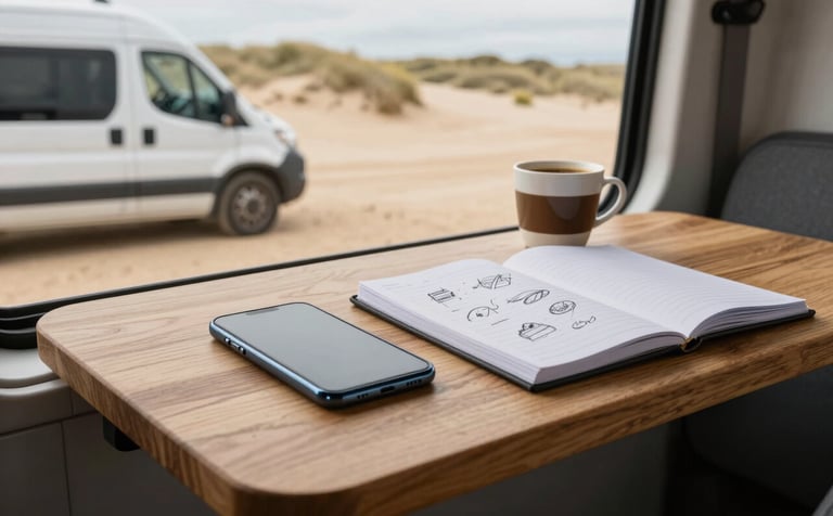 A close-up of a wooden desk inside a camper van parked near Northern European sand dunes. On the desk is a smartphone, a cup of coffee, and a notebook with clear, simple sketches. Adventurous and professional mood.