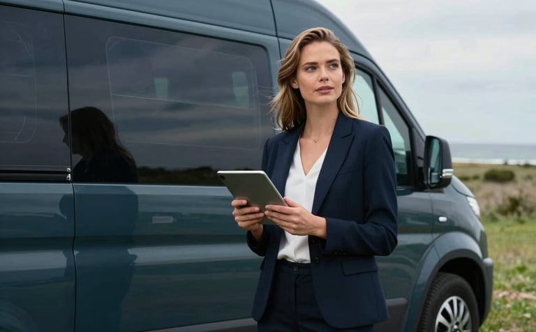 A young Northern European woman standing confidently outside her dark teal camper van in a coastal Dutch meadow. She is holding a tablet, looking insightful and professional. Soft, natural lighting.