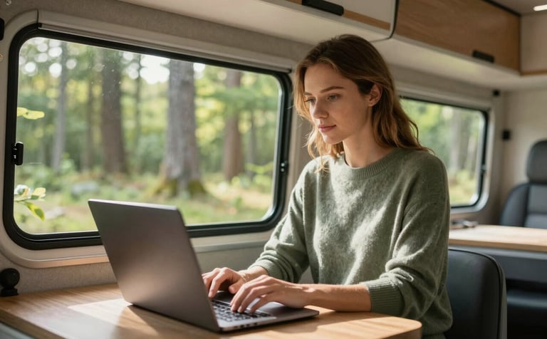 A young Northern European woman working on a laptop inside a modern, stylishly converted camper van. Natural morning light streams through the window showing a lush forest background. She looks professional yet relaxed, wearing a muted green sweater.