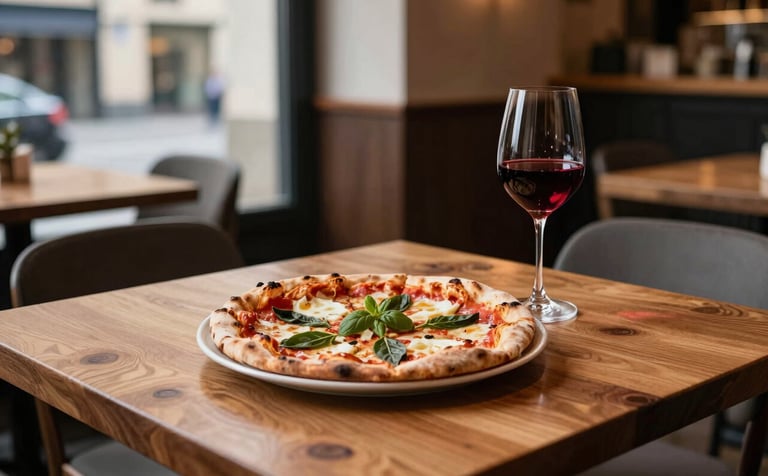 A high-end, Scandinavian-style restaurant interior in a Western / European-influenced city. A single wooden table features a beautifully styled artisanal pizza and a glass of red wine. Soft, natural lighting and warm wood tones.