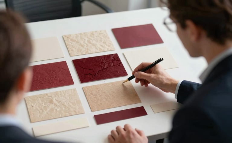 A focused strategy session in a Western / European-influenced office. A strategist is reviewing a brand mood board featuring Crisp Parchment colors and Deep Ripe Crimson textures. Professional, grounded atmosphere.