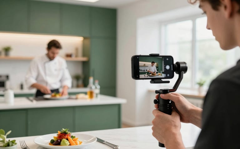 Behind the scenes of a professional social media shoot in a Western / European-influenced agency studio. A creator is using a smartphone on a gimbal to film a chef plating a vibrant dish. The environment is bright and modern with Matte Forest Green accents.