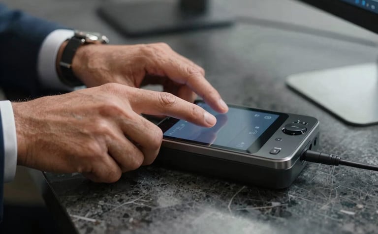 Close-up of professional South American hands using a sleek telephone console on a dark gray marble surface. The lighting is precise and dramatic, highlighting the high-tech equipment in a modern Brazilian corporate setting.