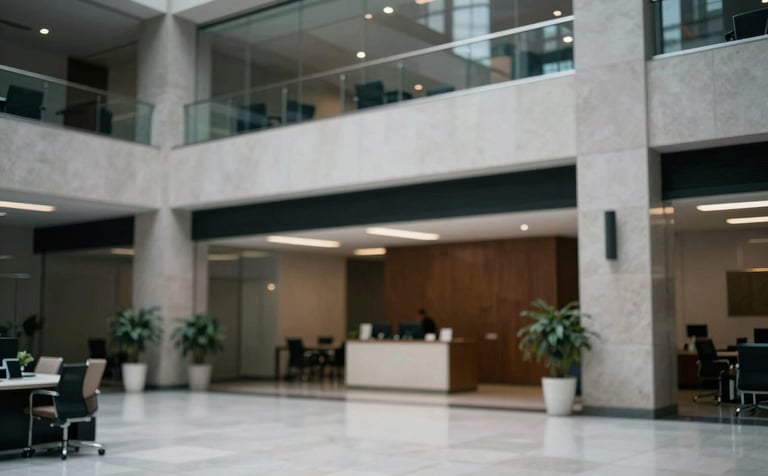 A sophisticated corporate lobby in a South American metropolis. The background shows a blurry but structured office space with light gray and black elements. The overall atmosphere is one of efficiency and precision.