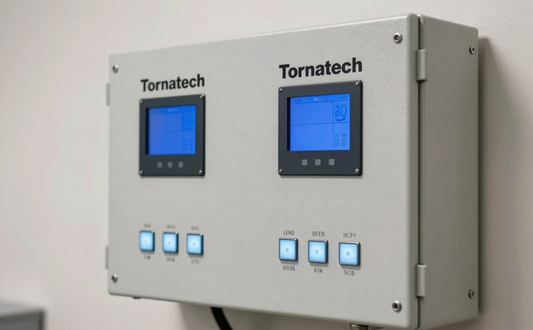 A close-up of a modern Tornatech fire pump control panel mounted on a soft off-white wall. The panel features steel blue digital displays and pale blue indicators. The aesthetic is clean, sophisticated, and reflects high-tech engineering precision.