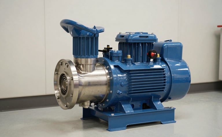 A high-performance industrial electric fire pump system in a professional mechanical room. The machine features steel blue accents and polished metal components. Lighting is crisp, reflecting a modern efficiency and engineering expertise in a clean environment with soft off-white walls.