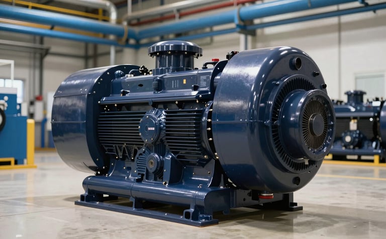 A powerful industrial diesel motor fire pump unit, painted in a professional deep navy. The scene is a sophisticated industrial facility with steel blue pipes and soft off-white floors. The lighting highlights the robust engineering and reliability of the machinery.