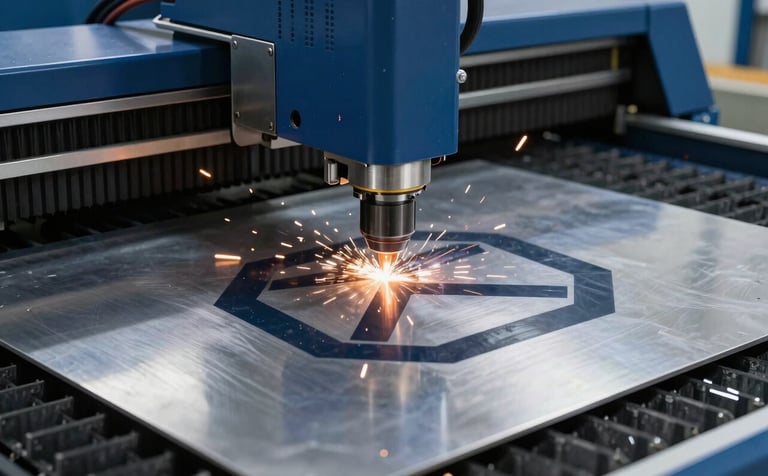 A high-end industrial laser cutting machine precisely carving a geometric logo from a thick sheet of polished steel, clean modern workshop environment in Brazil, bright focused sparks, cinematic professional lighting, midnight blue and steel blue tones.