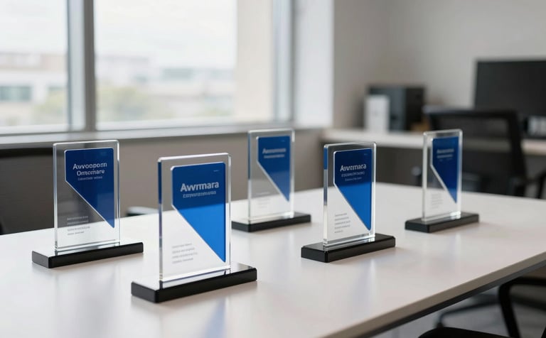 A curated display of custom acrylic trophies and personalized corporate gifts on a minimalist white table, modern Brazilian office setting, soft natural lighting through a large window, elegant and precise aesthetic, steel blue and white palette.