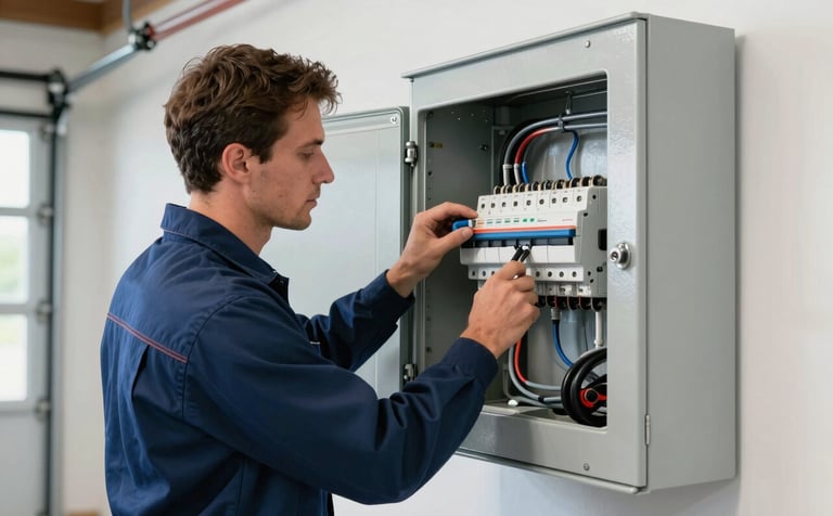 A professional electrician in a steel blue uniform working on a modern electrical circuit breaker panel inside a clean North American / US home garage. The scene is bright and highlights modern efficiency, featuring a palette of mist grey and dark navy with sophisticated tool highlights.