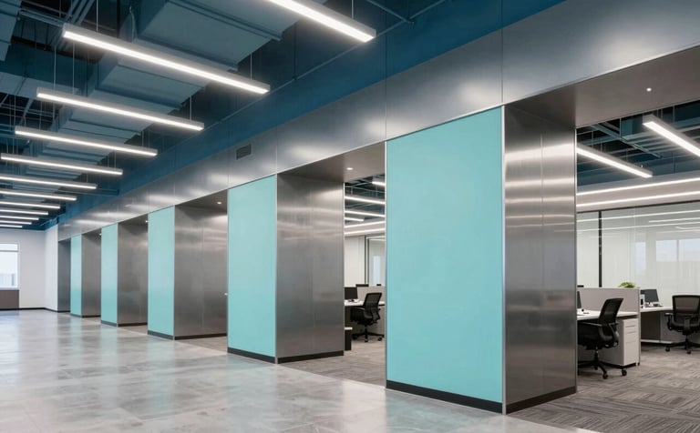 Photography of a modern North American / US commercial office space with architectural lighting and tidy electrical conduits. The environment looks professional and efficient, using a steel blue and soft aqua color scheme with mist grey metallic finishes.