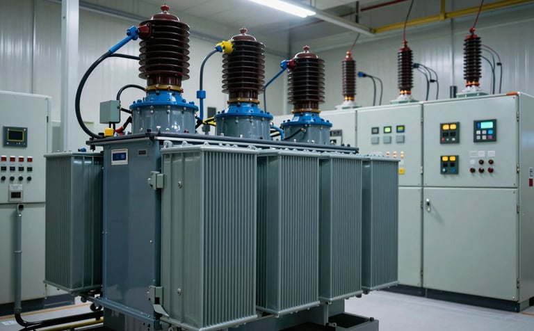 High-voltage industrial electrical transformer and professional control panels inside a clean North American / US power distribution room. Reliable and sophisticated atmosphere, featuring dark navy machinery and steel blue accents under crisp lighting.