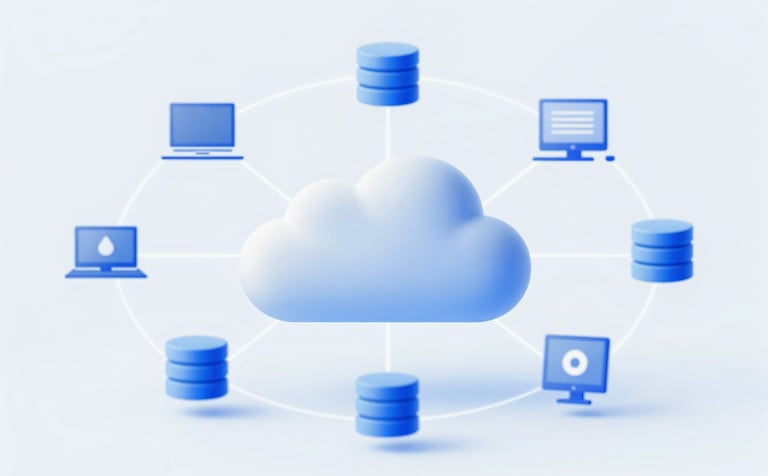 A clean, abstract representation of cloud computing. Thin, glowing lines connect icons representing devices and databases on a light background. The style is efficient and professional, utilizing shades like #8BAAC7 and #F0F4F8.