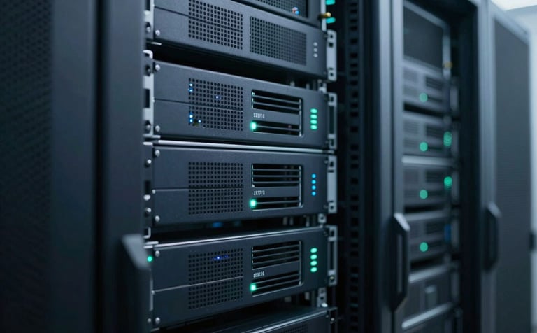 A close-up of a neatly organized server rack in a modern data center. The lighting is clean and cool-toned, featuring the brand's navy and teal colors (#0E1B2C, #2D5D7A) in the hardware LEDs. The composition is sharp and professional, emphasizing reliability and technological sophistication.