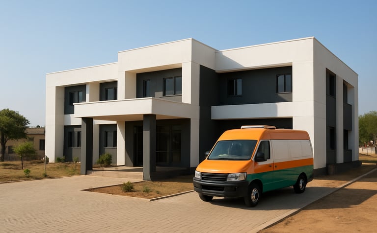 A professional wide shot of a modern, clean community health center in a South Asian semi-urban area. The building features clean architectural lines, with white and charcoal grey walls. A mobile health van painted in saffron and green is parked in the front under a clear sky.