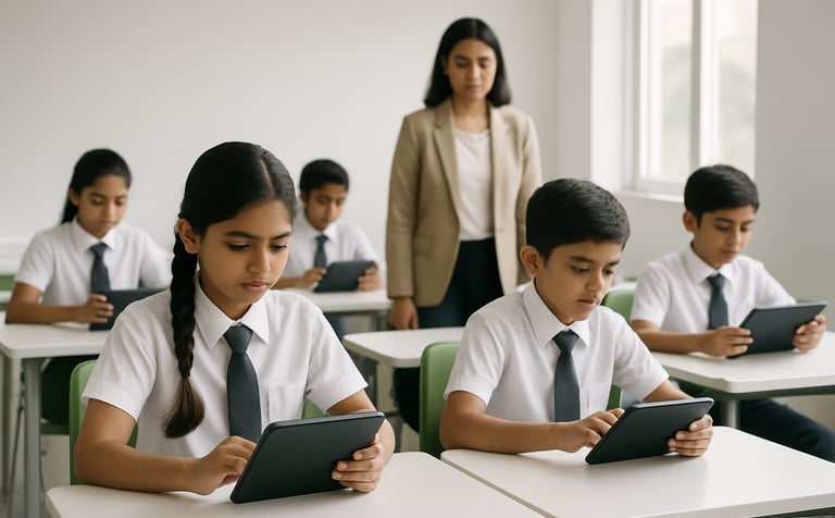 A clean, bright photograph of a modern digital classroom in a South Asian school. South Asian students are focused on tablet screens, with a professional female leader in the background observing. The room is filled with soft natural light and features minimalist white and green furniture.