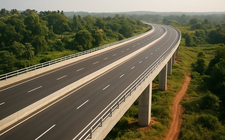 A high-angle professional photograph of a newly constructed modern bridge and smooth asphalt road cutting through a lush South Asian landscape. The scene features bright daylight, reflecting a sense of progress and connectivity, with subtle green and saffron tones in the natural surroundings.