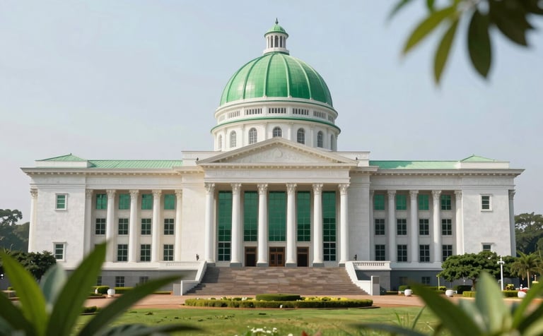 A wide-angle, symmetrical shot of the Nigerian National Assembly building complex, emphasizing its iconic green dome and massive white columns. The lighting is bright and clear, reflecting a theme of transparency. The surrounding environment is lush with #2F6F4C green foliage. A sophisticated and forward-thinking architectural view.