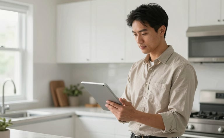 A focused property manager in business casual attire holding a tablet while inspecting a bright, modern kitchen in a residential North American / US property. The scene is calm and professional, emphasizing high standards of cleanliness and ethical maintenance.