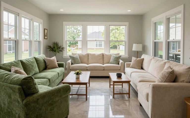 An organized, serene community living area inside a North American / US residential home. The space features comfortable seating in moss green and soft cream, clear walkways, and large windows letting in natural light, conveying a sense of support and order.