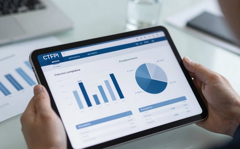 Professional hands reviewing tax compliance graphs on a tablet in a high-tech environment. The style is clear and trustworthy, featuring a focus on precision and digital efficiency. The image uses a professional palette of #0A244A, #3F5B75, and #C7D2DA to emphasize financial expertise.