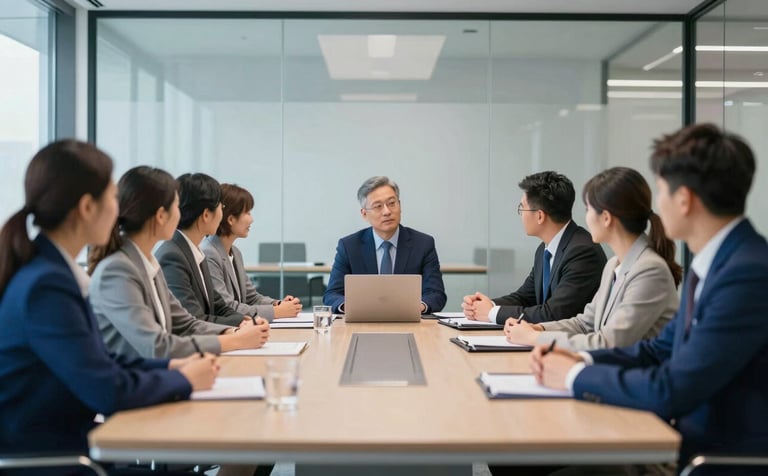 A diverse team of professionals engaged in a strategic meeting within a sleek, glass-walled boardroom. The atmosphere reflects sophistication and reliability. Brand colors #0A244A and #C7D2DA are represented in the professional attire and modern architecture of the office space.