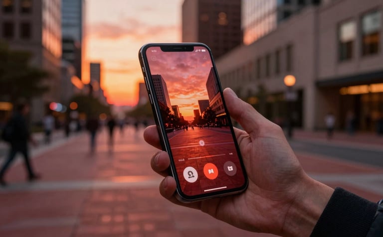 Photography of a high-tech mobile device held by a professional in a North American / US urban plaza environment at sunset, reflecting innovative app design. The lighting is golden hour with deep rust red tones.