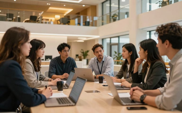 Photography of a dynamic collaborative brainstorming session between diverse professionals in a sleek North American / US tech hub. Modern architecture, depth of field, harvest gold and peach cream color palette reflected in the interior design.