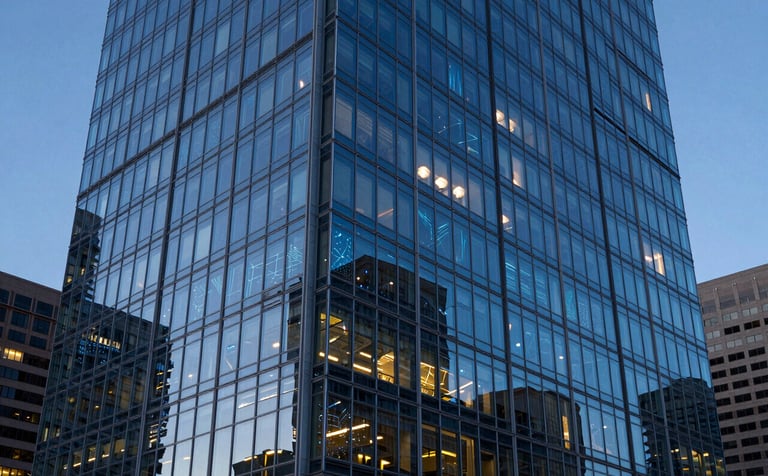 A sharp, high-end photograph of a modern glass high-rise building in downtown Denver during the blue hour. Soft electric blue light highlights the architectural lines, and subtle digital network patterns are reflected in the windows. North American / US setting.
