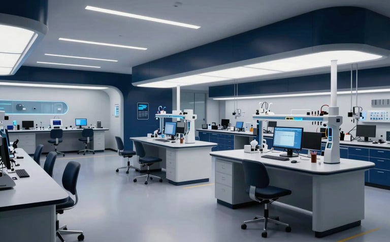 A wide-angle shot of a futuristic research and development lab. Tech-forward furniture and subtle electric blue ambient lighting create a sense of innovation. Deep navy accents provide contrast. North American / US commercial space.