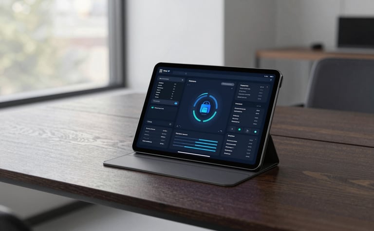 Professional photography of a sleek, minimalist tech office in Denver. A digital tablet on a dark wood table displays a sophisticated encrypted interface. Natural light enters from a large window. North American / US style.