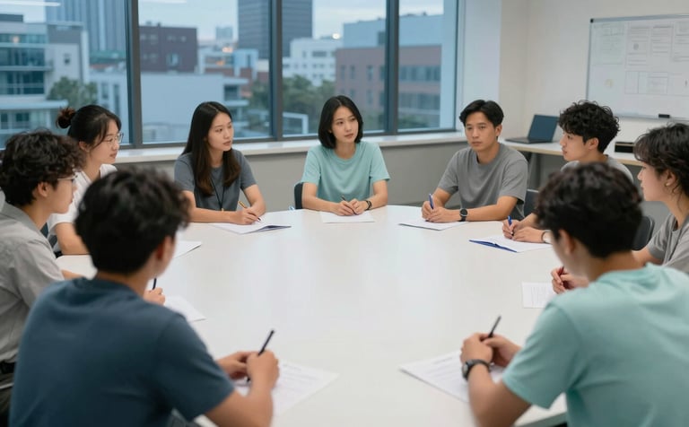 Professional photography of a group workshop in a professional North American / US urban classroom setting, individuals engaging in respectful interpersonal skill exercises, soft evening light, palette of muted ocean blue and pale seafoam.