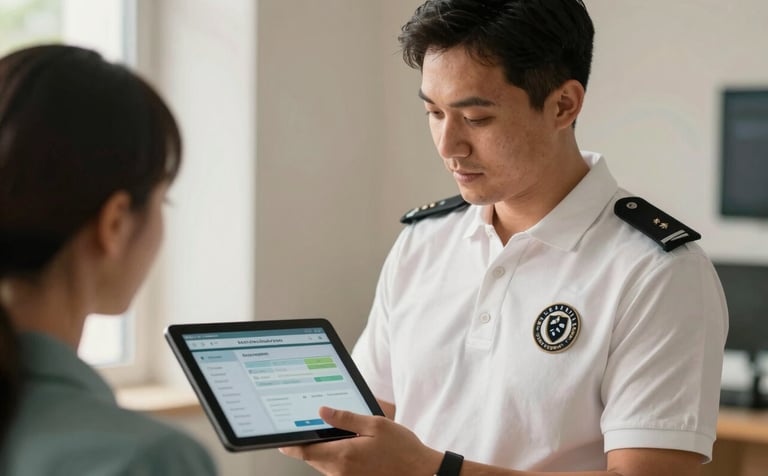 A warm, high-quality photograph of a professional security technician in a branded polo shirt, explaining a security app on a tablet to a customer. Soft natural light, featuring a palette of off-white and muted teal.