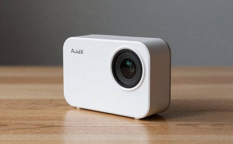 A close-up photograph of a sleek white Ajax MotionCam and a Hub placed on a minimalist wooden surface. The lighting is soft and natural, reflecting a modern reliability. Touches of soft sage and dark slate grey are present in the background.