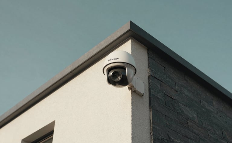 A professional wide-angle shot of a Hikvision dome camera mounted discreetly on a modern house exterior in Bas-Rhin. The sky is a muted teal, and the architecture features off-white and dark slate grey materials.
