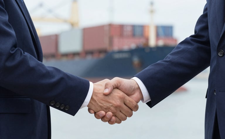 A close-up of a professional handshake between two businesspeople in formal attire, with a large container port and cargo ship in the blurred background. The image style is sharp and confident, emphasizing trust, using deep blues (#0F1C2D) and professional grey tones.