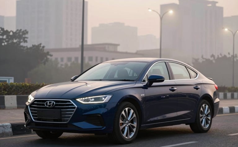 Photography of a modern sedan parked on a clean street in a South Asian / Indian business district at sunset. Pale Mist fog and Soft Off-White street lights reflecting off the Deep Navy Blue car body, emphasizing reliability and professional standards.