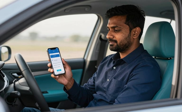 Photography of a professional South Asian / Indian driver in a clean, modern vehicle, holding a smartphone showing a digital verification badge. Soft morning light, with Deep Navy Blue and Sea Teal interior accents, creating a confident and secure atmosphere.