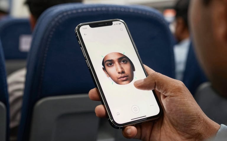Photography of a close-up facial recognition interface glowing on a smartphone screen, held by a passenger in a South Asian / Indian city environment. High-tech Soft Off-White light reflecting on the Deep Navy Blue background of the vehicle cabin.
