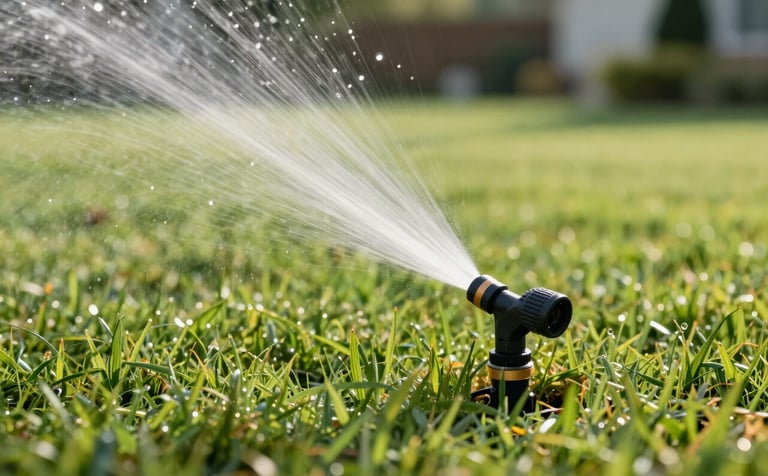 A close-up of a high-efficiency sprinkler head popping out of a perfectly manicured North American residential lawn, clean water spray, crisp morning sunlight, soft light green background.