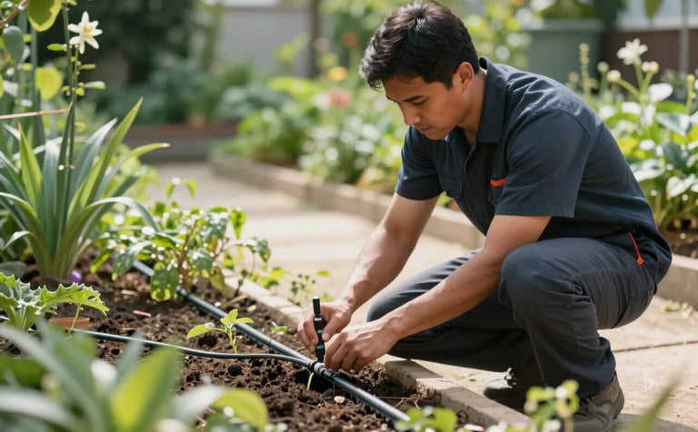 A professional North American technician in work attire installing a modern drip irrigation line in a lush garden bed, bright daylight, medium green and dark green garden details, clean and professional composition.