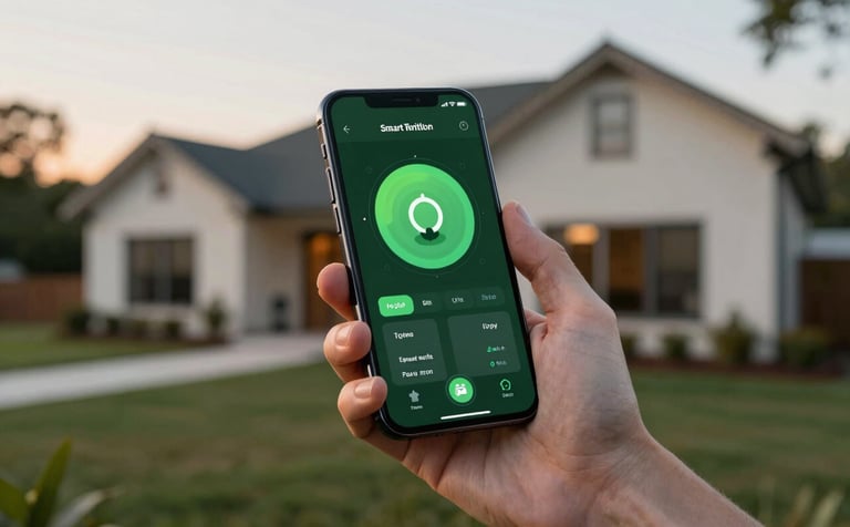 A hand holding a smartphone showing a smart irrigation application with a dark green interface, a modern North American home landscape in the blurred background, soft evening lighting.