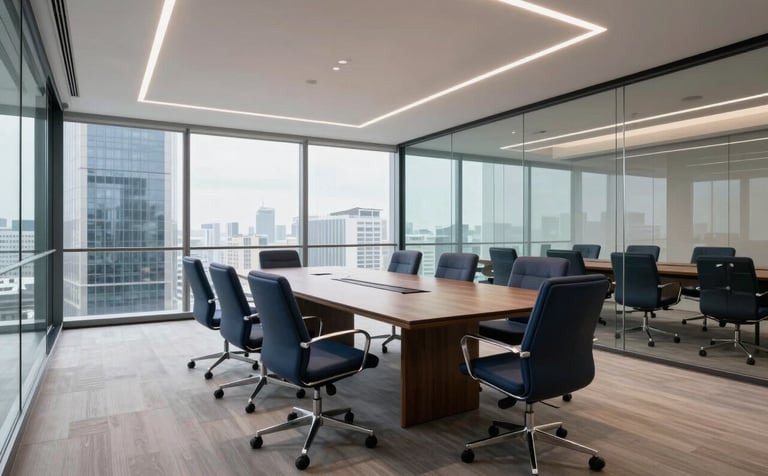 A wide-angle professional photograph of a clean, minimalist meeting room in a Brazilian skyscraper, glass walls, dark blue furniture accents, high-end professional lighting, representing corporate strategy.