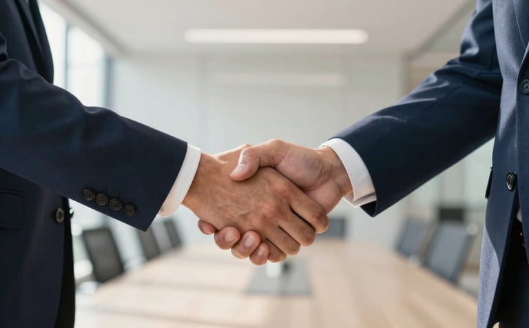Close-up photography of a firm handshake between two business professionals in tailored suits, inside a modern South American corporate office with soft sunlight, conveying trust and reliability, featuring dark blue and off-white tones.