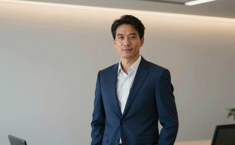 Portrait of a confident professional advisor in a midnight blue suit, standing in a sleek corporate environment in Lisbon. Clean lines, soft grey backgrounds, and gold ambient lighting reflecting a sense of trustworthiness and sophistication.
