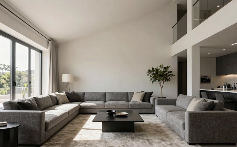 Wide shot of a sophisticated, sun-drenched contemporary living room in Porto with high ceilings and minimalist European Portuguese architecture. The space is styled with grey textiles and off-white walls, exuding premium real estate quality.