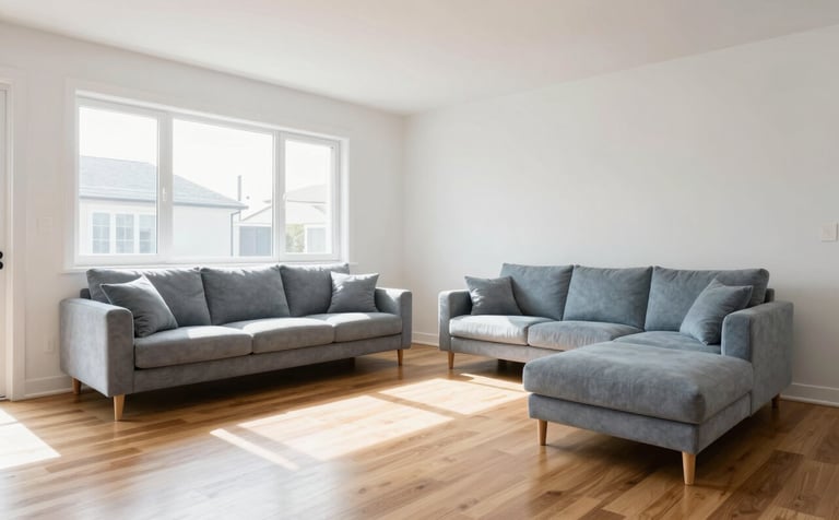 Interior photography of a bright, spacious modern home. A sunlit living room with ice white walls and minimalist soft blue-grey furniture. The hardwood floor is polished and spotless. The atmosphere is fresh, airy, and professional.