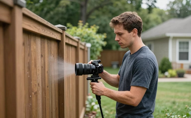 A focused professional in a North American / US residential backyard applying a precise, eco-friendly treatment near a wooden fence, using expert equipment, soft natural daylight, deep forest green accents, soft mint green grass.